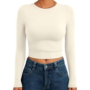 image:imageTrendy Queen Womens Long Sleeve Crop Tops Basic Slim Fitted Shirts Spring Fashion Outfits 2026 Teen Girl ClothesLight Apricot