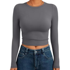 image:imageTrendy Queen Womens Long Sleeve Crop Tops Basic Slim Fitted Shirts Spring Fashion Outfits 2026 Teen Girl ClothesLight Gray