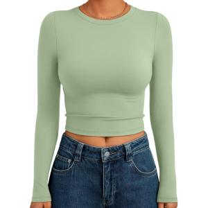 image:imageTrendy Queen Womens Long Sleeve Crop Tops Basic Slim Fitted Shirts Spring Fashion Outfits 2026 Teen Girl ClothesLight Green
