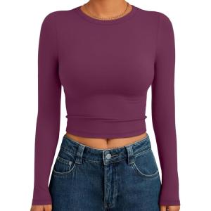 image:imageTrendy Queen Womens Long Sleeve Crop Tops Basic Slim Fitted Shirts Spring Fashion Outfits 2026 Teen Girl ClothesMulberry