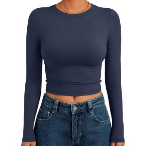 image:imageTrendy Queen Womens Long Sleeve Crop Tops Basic Slim Fitted Shirts Spring Fashion Outfits 2026 Teen Girl ClothesNavy