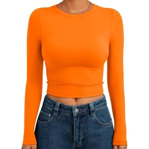 image:imageTrendy Queen Womens Long Sleeve Crop Tops Basic Slim Fitted Shirts Spring Fashion Outfits 2026 Teen Girl ClothesOrange