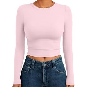 image:imageTrendy Queen Womens Long Sleeve Crop Tops Basic Slim Fitted Shirts Spring Fashion Outfits 2026 Teen Girl ClothesPink
