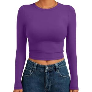 image:imageTrendy Queen Womens Long Sleeve Crop Tops Basic Slim Fitted Shirts Spring Fashion Outfits 2026 Teen Girl ClothesPurple