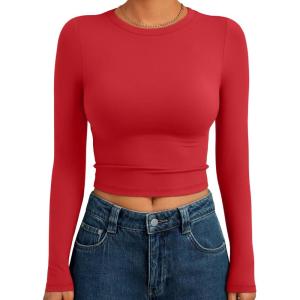 image:imageTrendy Queen Womens Long Sleeve Crop Tops Basic Slim Fitted Shirts Spring Fashion Outfits 2026 Teen Girl ClothesRed
