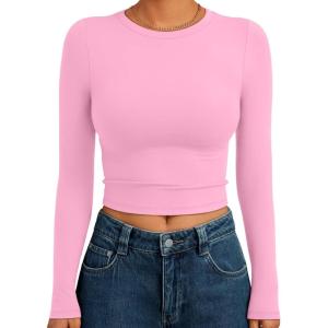 image:imageTrendy Queen Womens Long Sleeve Crop Tops Basic Slim Fitted Shirts Spring Fashion Outfits 2026 Teen Girl ClothesRose Pink