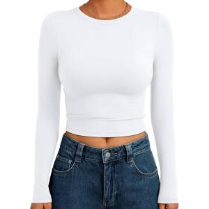 image:imageTrendy Queen Womens Long Sleeve Crop Tops Basic Slim Fitted Shirts Spring Fashion Outfits 2026 Teen Girl ClothesWhite