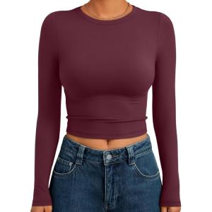 image:imageTrendy Queen Womens Long Sleeve Crop Tops Basic Slim Fitted Shirts Spring Fashion Outfits 2026 Teen Girl ClothesWine Red
