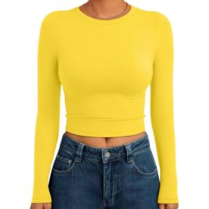 image:imageTrendy Queen Womens Long Sleeve Crop Tops Basic Slim Fitted Shirts Spring Fashion Outfits 2026 Teen Girl ClothesYellow