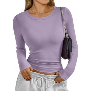 image:imageTrendy Queen Womens Long Sleeve TShirts Basic Crop Tops 2026 Spring Fashion Outfits Going Out Winter ClothesLightpurple