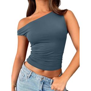 image:imageTrendy Queen Womens Off The Shoulder Crop Top Sleeveless Stretchy Bodycon Tank Y2K Fashion Sling TShirt for SummerHaze Blue