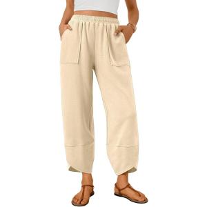image:imageTrendy Queen Womens Wide Leg Pants Boho Summer Capri Palazzo Harem Casual Barrel Sweatpants Baggy Slacks with PocketsBeige
