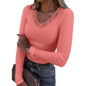 image:imageLUXVEER Long Sleeve Shirts for Women Lace V Neck Ribbed Fitted TShirt Dressy Business Casual Blouses 2026 Trendy Fall TopsCoral Pink