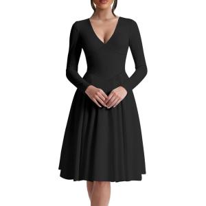 image:imageKaximil Womens Long Sleeve V Neck A Line Elegant Midi Dress Ruffle Flowy Wedding Guest Party Cocktail DressesBlack