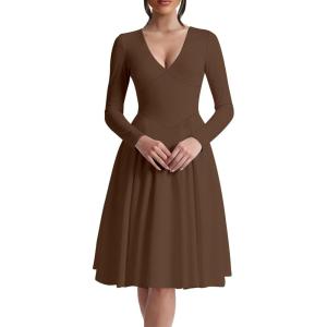 image:imageKaximil Womens Long Sleeve V Neck A Line Elegant Midi Dress Ruffle Flowy Wedding Guest Party Cocktail DressesCoffee