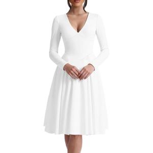image:imageKaximil Womens Long Sleeve V Neck A Line Elegant Midi Dress Ruffle Flowy Wedding Guest Party Cocktail DressesWhite