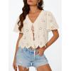 image:imageTrendy Queen Womens Tie Front Tops Summer Beach Vacation 2026 Fashion Outfits Loose Fit Blouses Eyelet Embroidered ClothesApricot