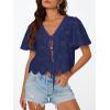 image:imageTrendy Queen Womens Tie Front Tops Summer Beach Vacation 2026 Fashion Outfits Loose Fit Blouses Eyelet Embroidered ClothesDark Blue