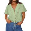 image:imageTrendy Queen Womens Tie Front Tops Summer Beach Vacation 2026 Fashion Outfits Loose Fit Blouses Eyelet Embroidered ClothesLight Green