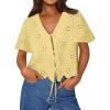 image:imageTrendy Queen Womens Tie Front Tops Summer Beach Vacation 2026 Fashion Outfits Loose Fit Blouses Eyelet Embroidered ClothesLight Yellow