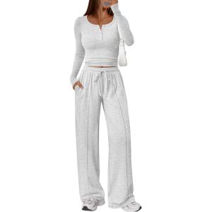 image:imageTrendy Queen 2 Piece Matching Lounge Sets for Women Fall Fashion Outfits 2026 Two Piece Travel Sweatsuits ClothesOat Grey