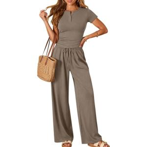 image:imageTrendy Queen Womens 2 Piece Sets Lounge Matching Set Cruise Casual Vacation Outfits Summer Wide Leg Pants Workout ClothesMocha
