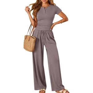 image:imageTrendy Queen Womens 2 Piece Sets Lounge Matching Set Cruise Casual Vacation Outfits Summer Wide Leg Pants Workout ClothesRose Taupe