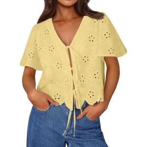 image:imageTrendy Queen Womens Tie Front Tops Summer Beach Vacation 2026 Fashion Outfits Loose Fit Blouses Eyelet Embroidered ClothesLight Yellow