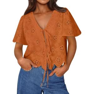 image:imageTrendy Queen Womens Tie Front Tops Summer Beach Vacation 2026 Fashion Outfits Loose Fit Blouses Eyelet Embroidered ClothesOrange