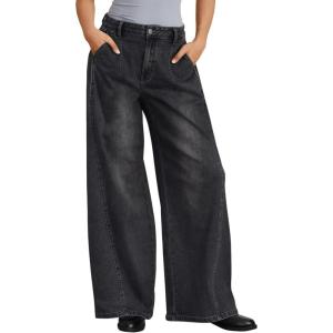 image:imageTrendy Queen Womens Wide Leg Jeans with Side Pleats  Baggy Casual Denim Pants in Soft Drapery FabricBlack