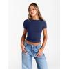 image:imageTrendy Queen Womens Boat Neck Short Sleeve TShirts Fitted Compression Summer Y2k Basic Tops 2026 Spring Outfits ClothesNavy Blue
