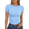 image:imageTrendy Queen Womens Boat Neck Short Sleeve TShirts Fitted Compression Summer Y2k Basic Tops 2026 Spring Outfits ClothesSky Blue