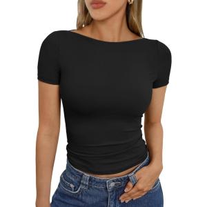image:imageTrendy Queen Womens Boat Neck Short Sleeve TShirts Fitted Compression Summer Y2k Basic Tops 2026 Spring Outfits ClothesBlack