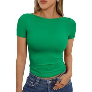 image:imageTrendy Queen Womens Boat Neck Short Sleeve TShirts Fitted Compression Summer Y2k Basic Tops 2026 Spring Outfits ClothesGreen