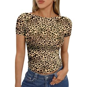 image:imageTrendy Queen Womens Boat Neck Short Sleeve TShirts Fitted Compression Summer Y2k Basic Tops 2026 Spring Outfits ClothesLeopard