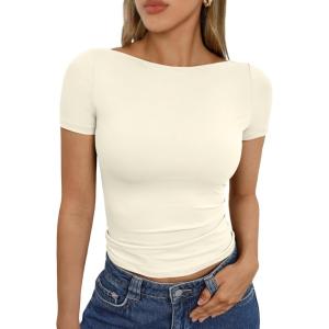 image:imageTrendy Queen Womens Boat Neck Short Sleeve TShirts Fitted Compression Summer Y2k Basic Tops 2026 Spring Outfits ClothesLightapricot