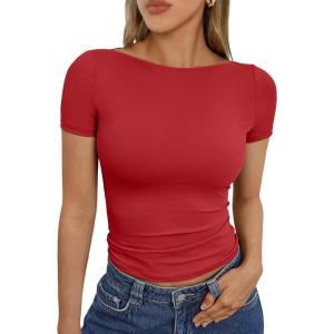 image:imageTrendy Queen Womens Boat Neck Short Sleeve TShirts Fitted Compression Summer Y2k Basic Tops 2026 Spring Outfits ClothesRed