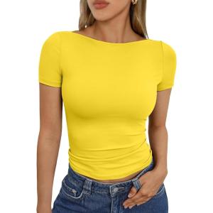 image:imageTrendy Queen Womens Boat Neck Short Sleeve TShirts Fitted Compression Summer Y2k Basic Tops 2026 Spring Outfits ClothesYellow