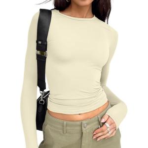 image:imageTrendy Queen Womens Long Sleeve T Shirts Fall Fashion 2026 Basic Crop Tops Going Out Outfits Y2k ClothesApricot