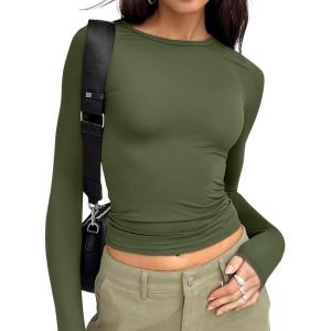 image:imageTrendy Queen Womens Long Sleeve T Shirts Fall Fashion 2026 Basic Crop Tops Going Out Outfits Y2k ClothesArmy Green
