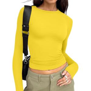 image:imageTrendy Queen Womens Long Sleeve T Shirts Fall Fashion 2026 Basic Crop Tops Going Out Outfits Y2k ClothesBright Yellow