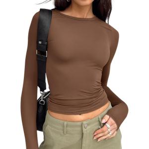 image:imageTrendy Queen Womens Long Sleeve T Shirts Fall Fashion 2026 Basic Crop Tops Going Out Outfits Y2k ClothesBrown