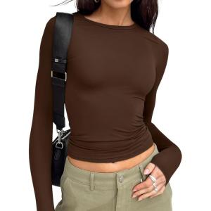 image:imageTrendy Queen Womens Long Sleeve T Shirts Fall Fashion 2026 Basic Crop Tops Going Out Outfits Y2k ClothesChocolate