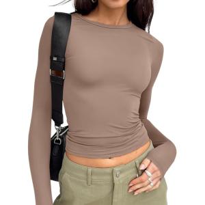 image:imageTrendy Queen Womens Long Sleeve T Shirts Fall Fashion 2026 Basic Crop Tops Going Out Outfits Y2k ClothesCoffee Grey