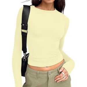 image:imageTrendy Queen Womens Long Sleeve T Shirts Fall Fashion 2026 Basic Crop Tops Going Out Outfits Y2k ClothesCreamy Yellow