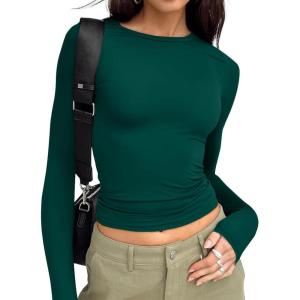 image:imageTrendy Queen Womens Long Sleeve T Shirts Fall Fashion 2026 Basic Crop Tops Going Out Outfits Y2k ClothesDark Green
