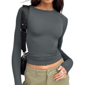 image:imageTrendy Queen Womens Long Sleeve T Shirts Fall Fashion 2026 Basic Crop Tops Going Out Outfits Y2k ClothesGray