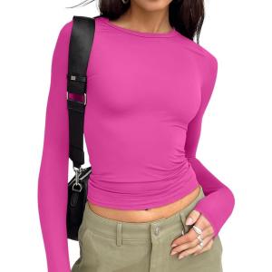 image:imageTrendy Queen Womens Long Sleeve T Shirts Fall Fashion 2026 Basic Crop Tops Going Out Outfits Y2k ClothesHot Pink