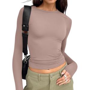 image:imageTrendy Queen Womens Long Sleeve T Shirts Fall Fashion 2026 Basic Crop Tops Going Out Outfits Y2k ClothesLatte
