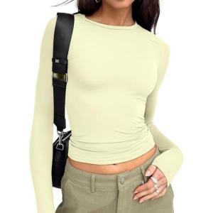image:imageTrendy Queen Womens Long Sleeve T Shirts Fall Fashion 2026 Basic Crop Tops Going Out Outfits Y2k ClothesLemon Yellow
